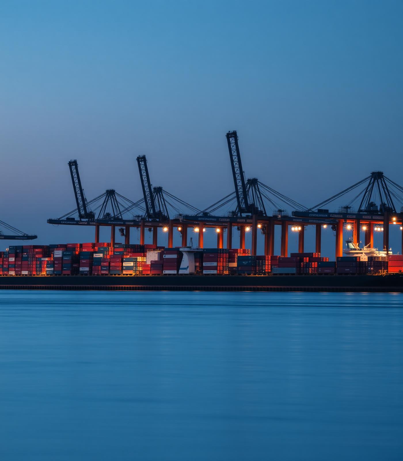 Modern shipping port at dusk