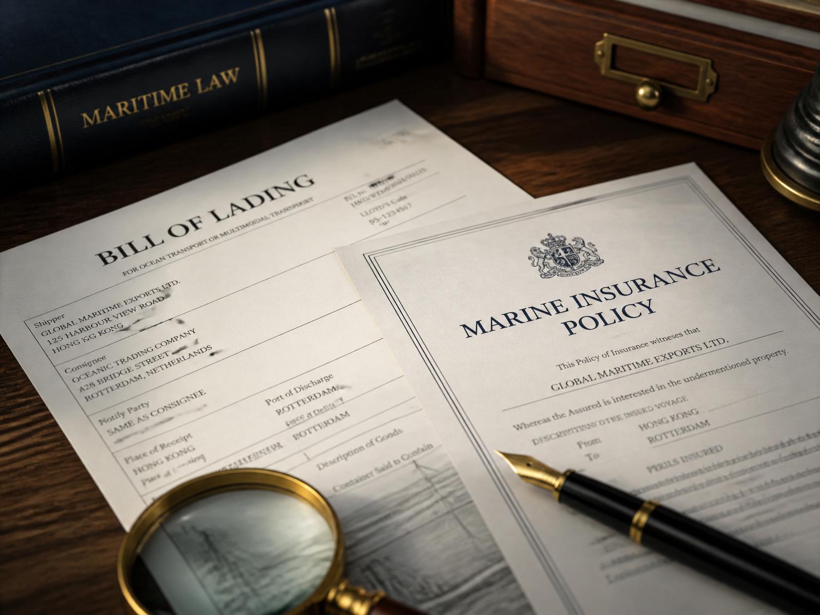Maritime documentation and insurance policy on a desk