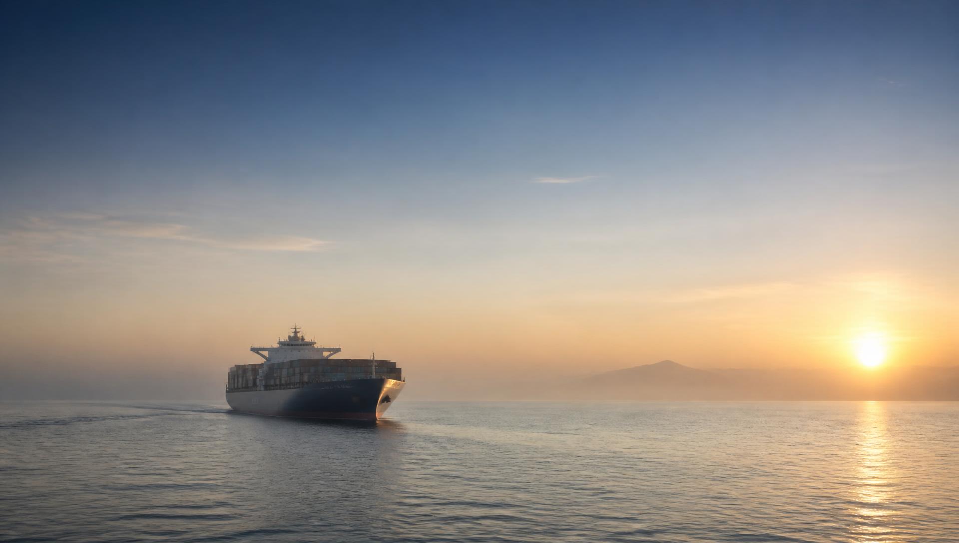 Container vessel at sea at dawn